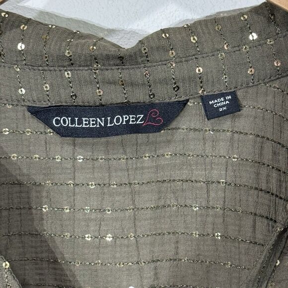 Colleen Lopez Button Front Sequin Tunic Top Size Large Embellished Olive Green - Picture 4 of 9